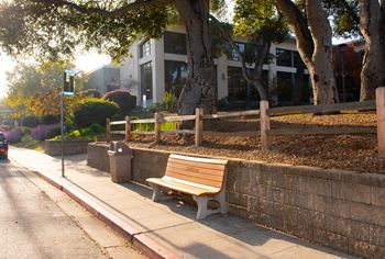 A bench is on the sidewalk next to a curb.